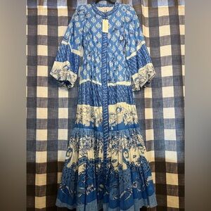 Blue Humming bird dress with balloon sleeves.